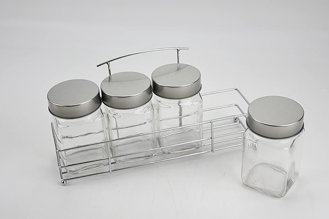 Orchid 4Pcs Glass Spice Jar Set With Metal Rack