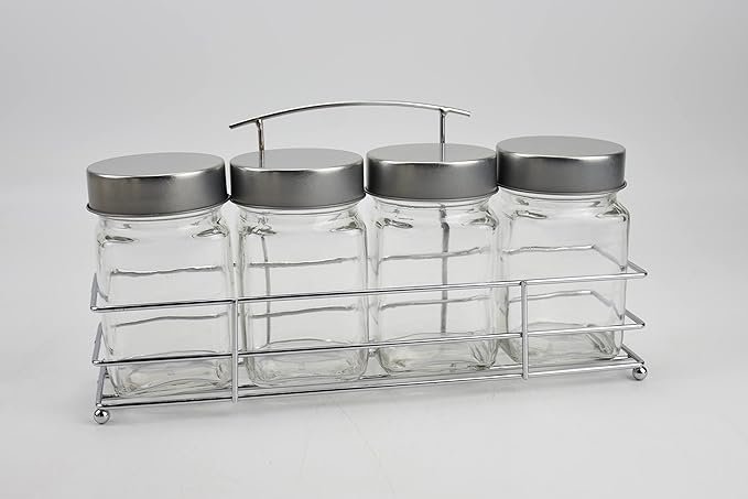 Orchid 4Pcs Glass Spice Jar Set With Metal Rack