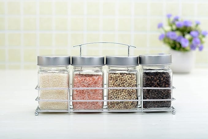 Orchid 4Pcs Glass Spice Jar Set With Metal Rack Orchid 4Pcs Glass Spice Jar Set With Metal Rack