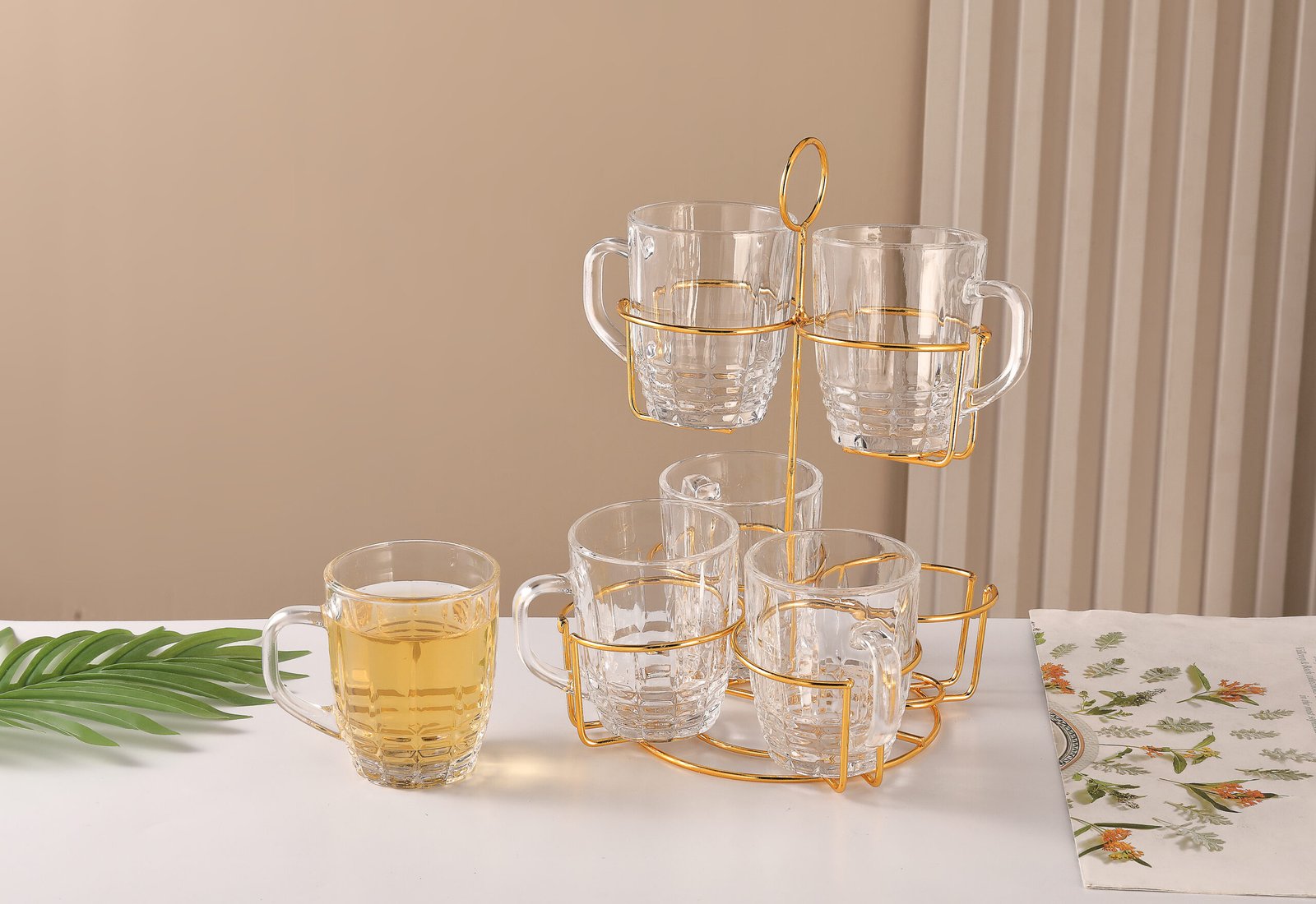 ORCHID 6PCS GLASS MUG SET 220ML WITH STAND